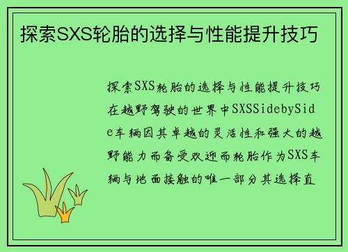 探索SXS轮胎的选择与性能提升技巧